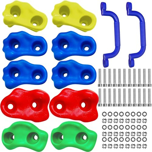 Retoo klättergrepp set 12-delat, 10 stenar, 2 hållgrepp, upp till 100 kg | För inomhus och utomhus, robust plast, väderbeständig, fästmaterial och insexnyckel ingår, flerfärgad