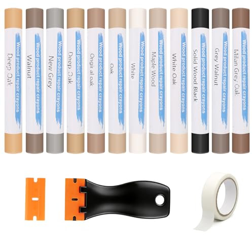Kit de Réparation Parquet et Carrelage 12 Couleurs, Cire à Bois pour Rebouchage Rayures, Fissures sur Stratifié, Bois, PVC, Meubles, Plan de Travail Cuisine avec Spatule et Ruban de Masquage