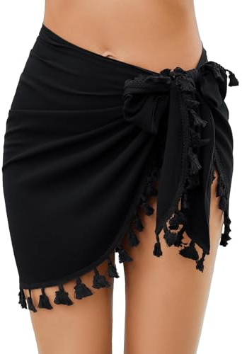 Wvbzf Black Sarong, Beach Skirt, Graceful and Unique Wrap Skirt for Women Beachwear, Sarongs for Women Beachwear with Fringes for Swimwear Short Wraps