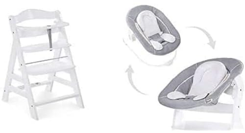 Hauck Wooden Highchair Alpha +, White with Hauck Alpha Bouncer 2-in-1 New-Born Set, Stretch Grey