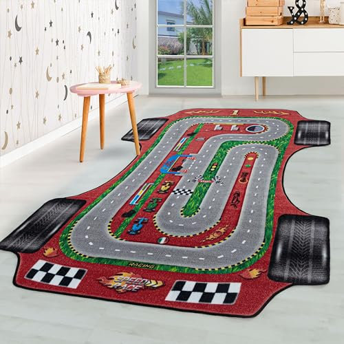 HomebyHome Tapis pour Enfants Poils Courts Piste de Course Auto Concevoir Chambre d'enfant de bébé Salle de Jeux Doux Lavable Rectangulaire Garçon Rouge, Couleur :Rouge, Taille:80x120 cm