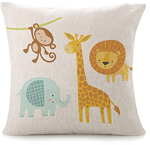 Throw Pillow Covers For Couch Cute Jungle Animal Bed Or Sofa Pillows Case Funny Elephant Lion Giraffe Monkey Kids Baby Jungle Children Tree Colorful Funny Decorative Square Linen Cushion Cover 18X18
