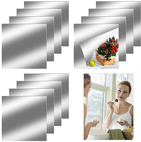 AOOGON 12 Pezzi 20x20cm Specchi per Piastrelle Autoadesivi, Specchio Flessibile, Specchio Decorativo per Decorazione da Parete in Acrilico Fai-da-Te Senza Vetro, Specchio da Parete Senza Cornice