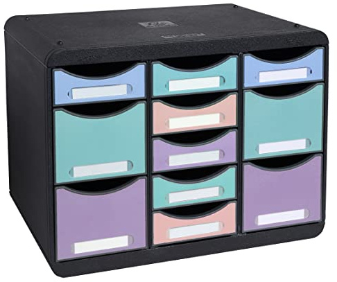Exacompta 3132796D Ablagebox Aquarell aus Recycling-Kunststoff mit 11 individuell platzierbaren Schubladen. Belastbare Schubladenbox im Querformat für mehr Ordnung. Store Box Multi Blauer Engel
