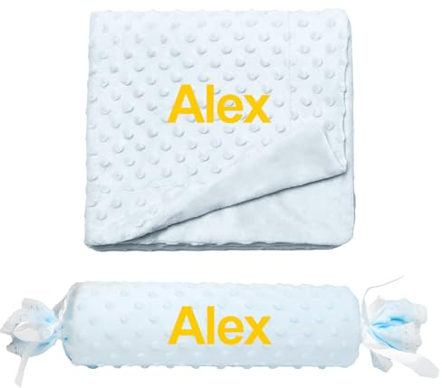 rparty- Cojín en Forma de Caramelo + Manta de Burbujas para Bebé Recian Nacido – Textura Extra Suave de Burbujas, Personalizado con el Nombre del Bebé Bordado y Puntilla de Encaje, Desenfundable.