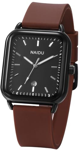 Silverora Damenuhren Herrenuhren Silikon Rechteckige: Datum Kalender Analoge Quarz Uhren Damen Herren Eckige Jelly Silikonarmband Sportuhr mit Balkenskala Geschenke für Frauen Männer braun