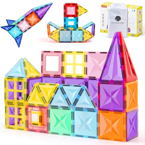 ECHOCUBE Bloques de Construcción Magnéticos, Set de 60 Piezas de Bloques Magnéticos, Juguetes Educativos de Construcción Magnética, Cumpleaños para Niños de 3+ Años