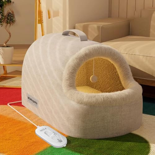 JAYWIS Gray Cat Bed with Electric Heated Pet, Warm and Cosy Indoor Heated Cat Houses, Warm Semi-Enclosed Cave Sleeping Nest Bed for Small Dog/Cats