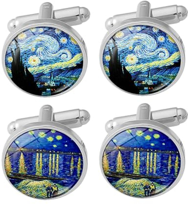 YSJCHEBS 2 Paar Van Gogh Ölmalerei Manschettenknöpfe, Herrenmanschettenknöpfe, Kreative Modemanschettenknöpfe, Hemdhemdhülsennägel, Gewöhnliche Männer Und Frauen, Kleidungsdekorationsschnalle