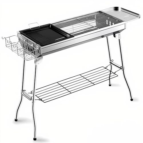 Barbecue Grill,Foldable Barbecue Charcoal Grill Set With Frying Pan Kabob,Storage Shelf Basket and Seasoning Plate,Stainless Steel Outdoor Portable Camping Grill Table For Picnic Garden Party Silver