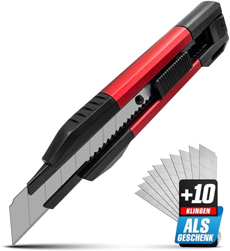 Cúter Profesional 18 mm con Cuchillas Retráctiles – Cuchillo Universal para Alfombras y Pladur – Mango Ergonómico 2K de Aluminio y Plástico – Incluye 10 Hojas de Acero al Carbono SK5 GRAFF
