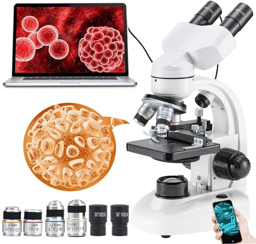 DHsdlpLU Kit De Microscope Binoculaire Professionnel 30000X/50000X/70000X, avec Oculaires éLectroniques, Objectif Achromatique 185, Connexion Ordinateur,30000X