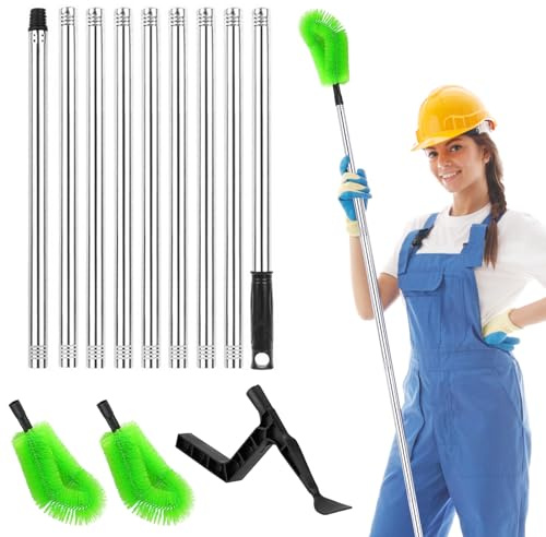 Nettoyeur de gouttière 390 cm, avec 10 manches télescopiques et 2 têtes de brosse, facile à démonter, pour nettoyer les feuilles, la saleté, les gouttières, les lustres, les fenêtres