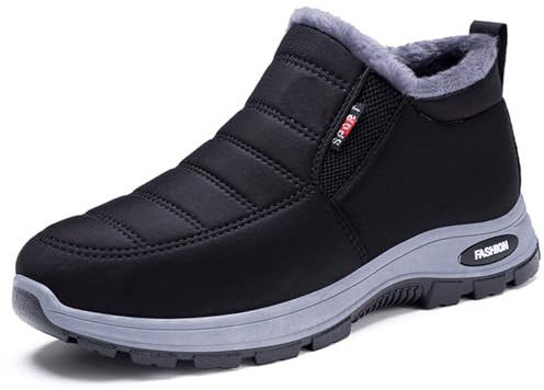CrazySavage Mens Winter Warm Snow Boots,Wide Toe Lightweight Furry Lining Thermal Winter Shoes,with Arch Support,Casual Outdoor Slip On Waterproof Hiking Short Boots (Black,10)