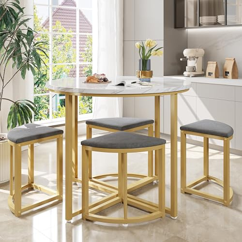 Modern matgrupp – matbord runt med 4 stolar, MDF-bordsskiva med förgylld metallram, sammetsstoppning, utrymmesbesparande och stabilt för kök eller matsal
