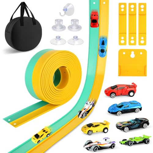 Piste de Course Voiture, Flexible Circuit de Voiture Double Voie de 5M avec 6 Voiture à Friction Ventouses Rampe Sac de Rangement Cadeau Portable Piste de Course pour Garçons Filles