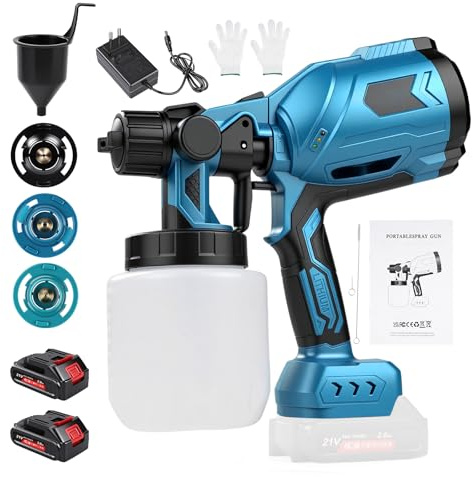 Pistola Pintura Electrica, Pistola Pulverizadora de Pintura Inalámbrica, Sistema de Pulverización de Pintura con Batería, 500W con Depósito de 1000 ml, 3 Boquillas y 3 Patrones, para Jardín, Muebles