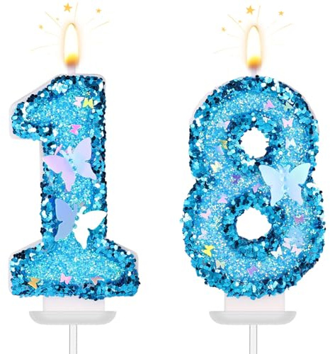 Candele con Numeri Compleanno, 7,5cm Butterfly Torta Compleanno Toppers Blu Numerali Matrimonio Decorazioni per Cupcake per Anniversario Celebrazione Party Supplies (18)