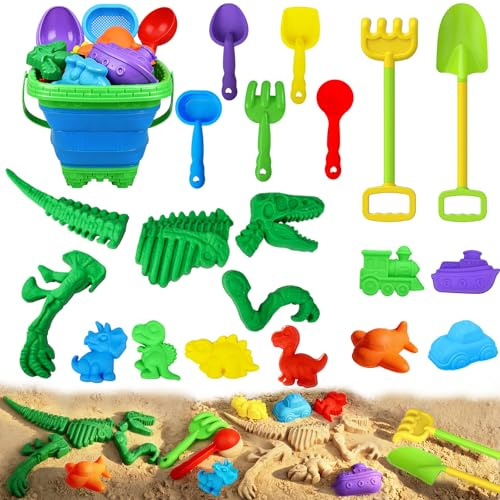 Sotodik Sandspielzeug Strandspielzeug Kinder, 22 PCS Dinosaurier Sandkasten Spielzeug Kinder mit Faltbarer Eimer, 7 Sandschaufel,Sandförmchen, Tasche, Outdoor Spielzeug fur Kleinkind Mädchen Junge