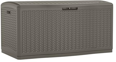 Suncast Extra Large Deck Box - 124 Gallon Resin Outdoor Storage Box with Lockable Lid for Outdoor Cushion Storage, & Garden Gear, Stoney Grey Wicker Bin for Patio, Porch, Pool, & Yard