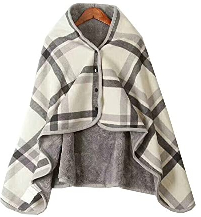 VIGAN Calda coperta a scialle indossabile per esterni, coperta in flanella con cappuccio a due lati con bottoni in peluche (A: griglia grigia)