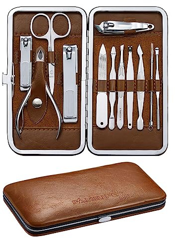 FAMILIFE Manicure Set, Professional Nail Kit Nail Clipper Set, 12PCS Stainless Steel Manicure Kit, with Brown Leather Travel Case Luxury Gifts for Him