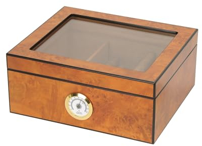 Eitida Desktop Humidor Case Holds 25-50 Cigar, Tempered Glass Top Display, Handcraft Spanish Cedar Wood Storage Box with Divider, Humidifier and Hygrometer, Burlwood Blond