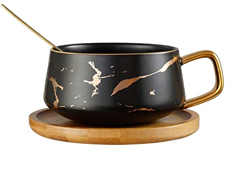 Qinhai Marble Ceramic Coffee Mug Sets Tea Cup with Spoon Wood Saucers, Gifts for Valentines Mothers Day Graduation Birthday Christmas, Women Men Mum Her Wife Friend Teacher Presents Idea