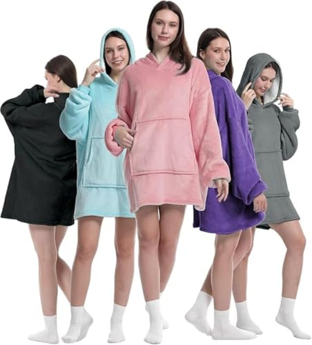 Roe Tenpo Wearable Blanket Hoodie, Oversized Hoodie for Women and Men, Thick and Ultra Soft Flannel Sherpa Blanket with Sleeves and Giant Pocket, Pink