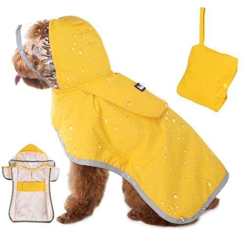 SlowTon Dog Raincoat, Adjustable Dog Rain Jacket Clear Hooded Double Layer, Waterproof Poncho with Reflective Strip Straps and Storage Pocket for Small Medium Large Puppies(S)
