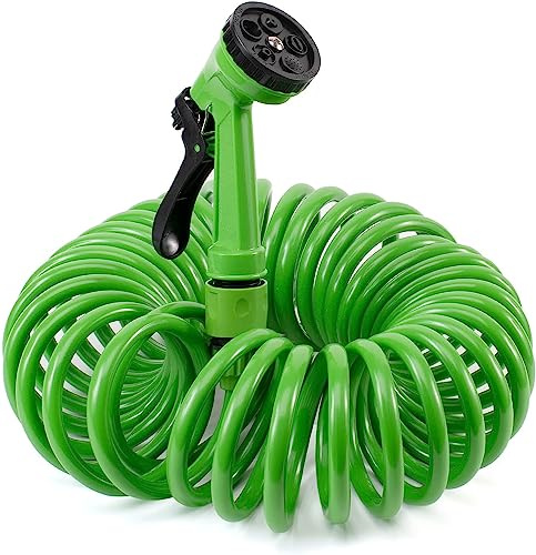 Manguera Espiral con Pistola de Riego para Jardín, Manguera Extensible hasta 15 Metros, Pistola con 7 Modos, Color Verde, Adaptadores de 20 mm y 25 mm (1/2'' y 3/4''), MAN022