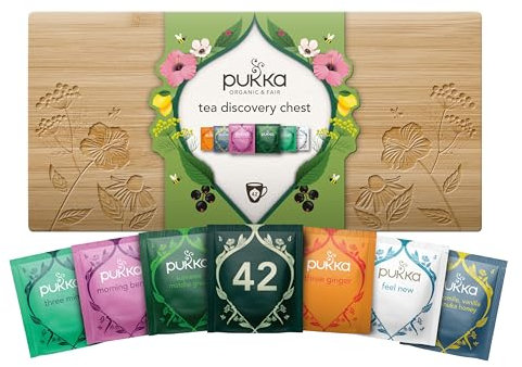 Pukka Coffret Découverte en Bambou, Idée Cadeau Femme et Homme, Coffret Cadeau Tisanes, Cadeau Thé 100% Bio Saint Valentin, Anniversaire, 6 Saveurs, Matcha, Gingembre, Menthe, 42 Sachets