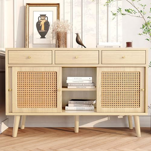 KecDuey Aparador de 120 x 40 x 78 cm, cómoda con 3 cajones y 3 puertas correderas, mimbre de ratán en los frentes de la puerta, patas de madera maciza, tirador de metal dorado, estantes ajustables,