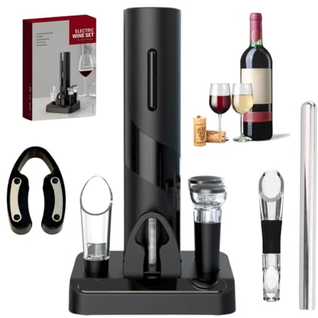 Cocina Vida 8-delars set med elektrisk vinflasköppnare innehåller folieskärare, 2 luftare, bonuskylningspinne och 2 vakuumproppar och förvaringsbas – perfekt present till vinälskare – vintillbehör