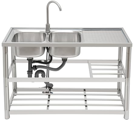 BRRIDE Fregadero completo de cocina con lavabo doble, mangueras de agua fría y caliente, grifo giratorio 360°, doble lavabo, con armario bajo, 120 x 45 x 80 cm