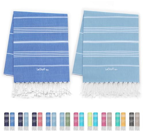 LeStoff 2er-Set Hamamtuch 95 x 180 cm - 100% Bio-Baumwolle, Vorgewaschen, Leicht, Saugstark & Schnelltrocknend, Reisehandtuch, Campinghandtuch, Badetuch, Saunatuch, Strandtuch (Sky Blue + Light Blue)