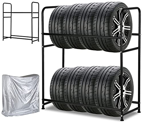 Fiqops Supporto per pneumatici, 2X scaffalature per pneumatici, 8 pneumatici, 107 x 46 x 117 cm, albero per pneumatici auto, capacità di carico 180 kg, scaffale per cerchioni con copertura per