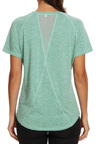 Gyabnw Women's Sports T-Shirt Gym Tops Back Mesh Loose Fit Yoga Running Top Lightweight Moisture Wicking Crew Neck Short Sleeve for Ladies Green