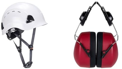 Portwest Height Endurance Vented Helmet, Size: One Size, Colour: White, PS63WHR & Clip-On Ear Protector, Size: One Size, Colour: Red, PW42RER