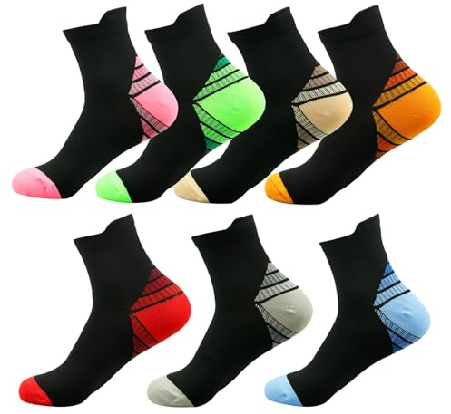 Shengxi 7 Pares Calcetines Deporte Mujer Hombre, Calcetines de Compresión Cortos Calcetines de Running Transpirable con Puntera y Talón Reforzados (FR/ES, Letras, L, Regular, Regular, 7 Colores)