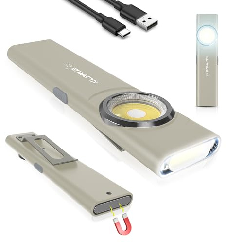 KLARUS USB C Uppladdningsbar COB-arbetslampa, 600 Lumens Mini Flat EDC-ficklampa med magnetisk bas och spänne, Lämplig för underhåll, camping, vandring, nödsituation, etc