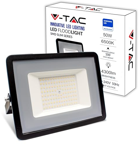 V-TAC Faro LED da Esterno 50W - [Chip Samsung - Alte Perfomance, Bassi Consumi] - 4300 Lumen - IP65 - Proiettore Faretto LED Nero per Casa, Giardino, Garage - Impermeabile - Luce Bianca Fredda