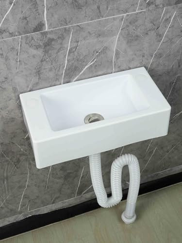 XRB2050 Lavabo de Baño, 40x20x11cm/15.7x7.9x4.3inch Lavabo Colgante Tamaño Pequeño, Lavabo de Plastico para Poner Sobre Encimera de Muebles de Baños y Aseos Blanco 150cm Desagüe