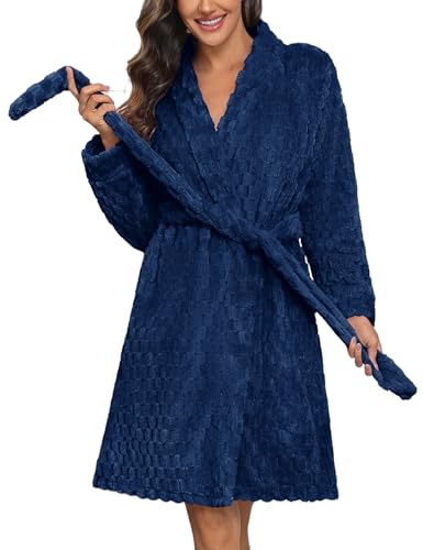 Ekouaer Fleece Womens Robe Short V Neck Fuzzy Bathrobes Plush Ladies Lounge Bathrobe Thick Jacquard Shower Robes Blue Purple M