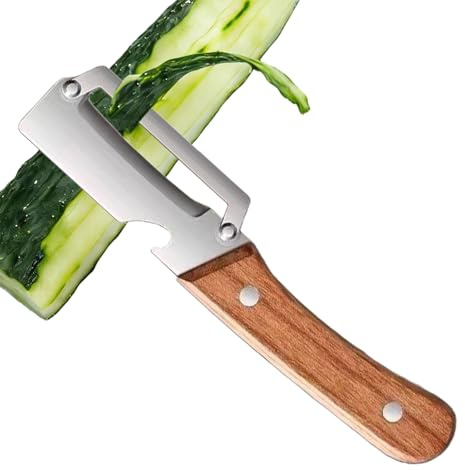 Krmoau Pelador de frutas – Mango de madera Pelador de alimentos con abrebotellas, cortador de patatas multifuncional, para la cocina doméstica para, tomates, patatas, zanahorias, calabaza y