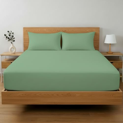 Etrexonline Juego de 3 Piezas Sábana Bajera Ajustable Cama 150x200 cm con 2 Fundas de Almohada 45x70 cm, Altura 30 cm, Microfibra Suave - Color Verde