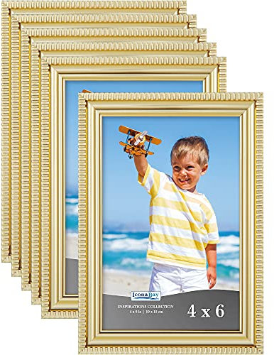 Icona Bay 6x4 inch Picture Frames (Gold, 6 Pack) Beautifully Detailed Moulding, Contemporary Picture Frame Set, Wall Mount or Table Top, Inspirations Collection