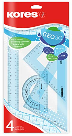 Kores - Geo30 : Coffret de Mathématiques à 4 Pièces pour Enfants et Étudiants, Coffret de Géométrie en Plastique avec Règle, Rapporteur et Équerre, Fournitures Scolaires, Coffret de Couleurs Assorties