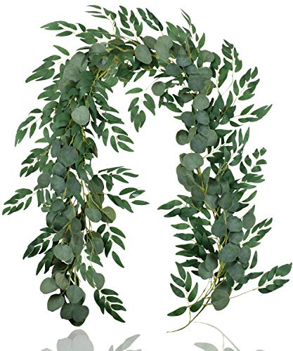 Falflor 2Pcs Greenery Garland 6.5Ft Artificial Eucalyptus Garland and 6.5Ft Willow Leaves Plants Table Runner Fake Vine for Wedding Home Decor(2Pcs)