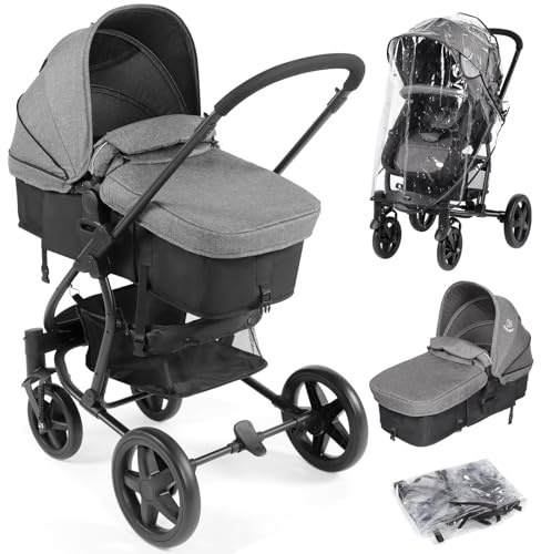 Hadibio 2 in 1 Travel System, Baby Pushchair with Footmuff and Raincover, Foldable & Reversible Stroller Pram with Adjustable Seat, 5 Point Harness, Large Storge Space, Buggy Pram for Birth to 15KG